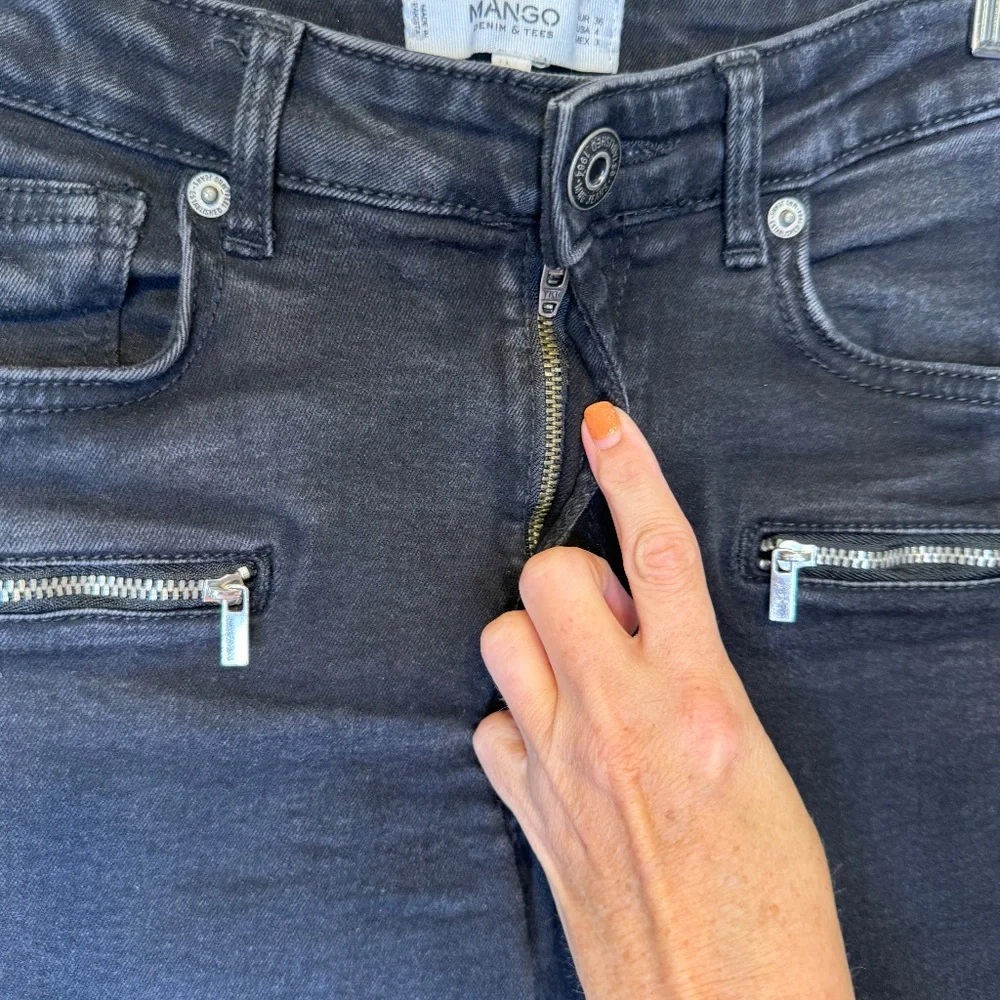 MNG | Faded Black Wash Zipper Details Relaxed Slim Moto Biker Jeans - Picture 7 of 14